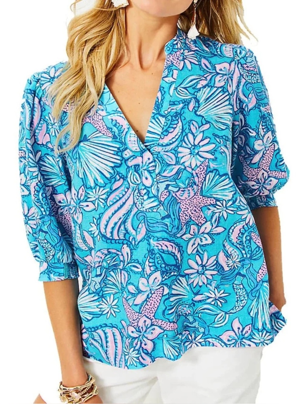 Lilly Pulitzer Mialeigh Amalfi Blue Sound The Sirens Print Linen Blouse Top